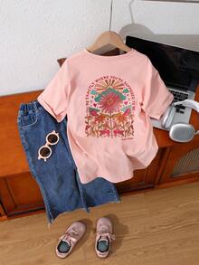 1pc Tween Girl Casual Slogan Print Short Sleeve Pullover T-Shirt, Comfortable & Fashionable Summer Top For Young Students - Pink - View 3