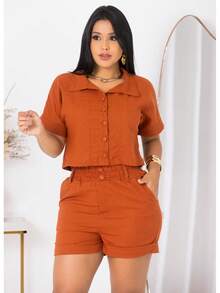 Linen Set - Coat And Shorts With  Style - Camel - View 5