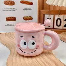 1pc 350ml Cartoon Pig Ceramic Coffee Cup With Lid & Spoon, Handlebar Mug, Pink Milk Cup With Pattern, Suitable For Birthday & Couples, High-Quality And Meaningful Gift