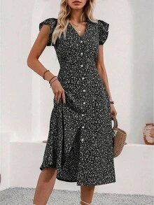 Women's V Neck Boho Floral Midi Dress Ladies Summer Vacation Front Button Down Ruffle Petal Short Sleeve Holiday Garden Beach Frill Split Swing Sundress Tea Dresses - Black - View 2