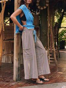 Women's Drawstring Striped Trousers Loose Wide Leg Casual Trousers Casual Paraiso Trousers With Pockets Trousers - 淺灰紫 - 查看 4