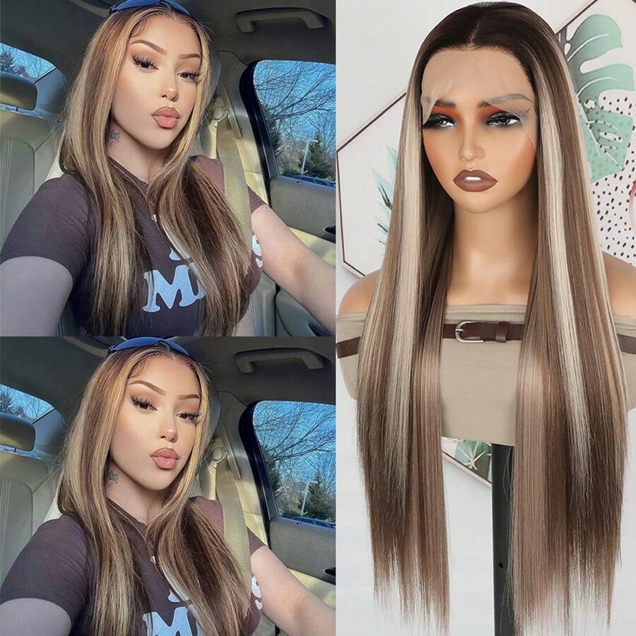 Purple Color Lace Front Wigs Pre Plucked Hairline Long Straight Wigs For Fashion Women Girls Party Daily Wear Glueless Dark Purple Lace Front Synthetic Wigs 13x4 Free Part Heat Resistant Fiber Hair 28 Inch 180% Density - Ash Blonde Highlight - 查看 1