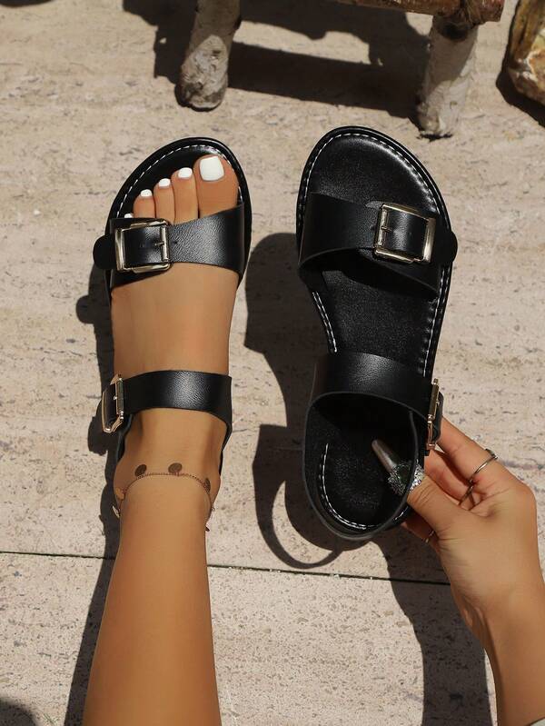 2025 New Multiple Buckle Strap Slip-On Sandals, Must-Have Summer Walking Slippers, Fashion Minimalist Wide Strap Casual Daily Vacation Beach Shoes, French Style Flat Soft Sole Anti-Slip Sandal With Buckle Closure, Adjustable Comfort Fit For Different Foot Types