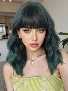 Dark Green Bob Wigs For Women Curly Wavy Wigs With Bangs Short Heat Resistant Synthetic Wigs For Party Costume Daily Wear Colorful Wigs