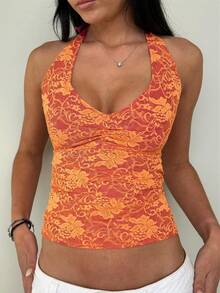 Women Lace Tank Top Halter Tie Back Camisole Sleeveless Crop Shirts Going Out Summer Streetwear - 橘色 - 查看 6