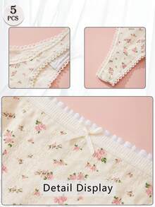 随机颜色 5 件棉质性感内裤印花可爱丁字裤蝴蝶结女士内裤草莓丁字裤罗纹裤女士条纹 T 背弹力透气舒适内衣