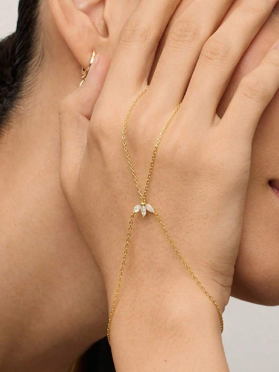 outingfit 1件金色花朵手指鏈手鍊，簡約優雅女性手鏈，時尚手部飾品 - 金色 - 查看 1