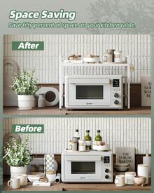 Expandable Microwave Rack, 2-Layer Microwave Oven Rack, Stand, Storage Rack, Kitchen Corner Rack, Desktop Printer Rack, Baker Rack (Black/White) - White - View 5