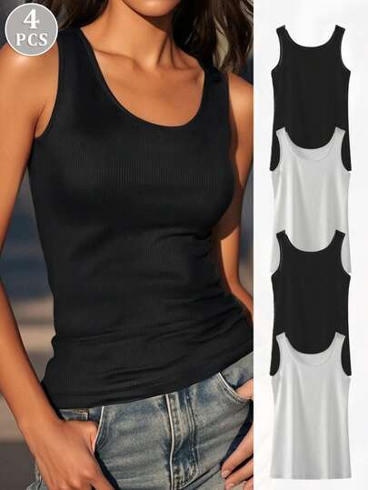 Set de 4 camisetas de tirantes de verano baratas para mujer, tops de camiseta sin costuras y sexy, camisetas ajustadas sin mangas para usar por capas