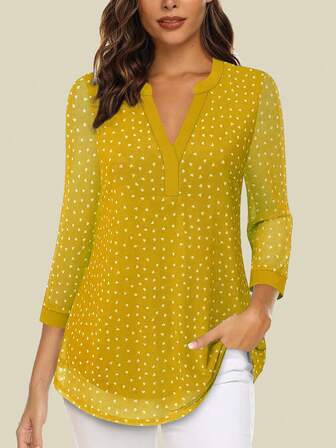 CheersLife 女士七分袖衬衫 休闲 V 领正装衬衫 双层网眼束腰上衣