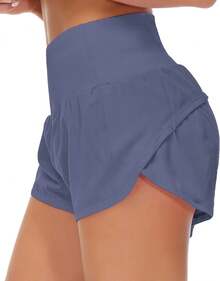 Womens High Waisted Running Shorts Quick Dry Athletic Workout Shorts With Mesh Liner Zipper Pockets - Dusty Blue - View 1