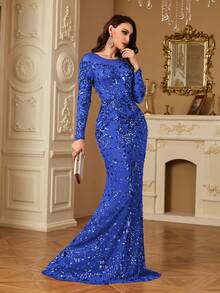 hezixi Đầm sequin co giãn, thoải mái khi mặc, phù hợp với nhiều dáng người, đầm dạ hội dài tay cổ tròn xuyên thấu, thiết kế dáng đuôi cá ôm sát, độc đáo và khác biệt. - Xanh đậm - Xem 2