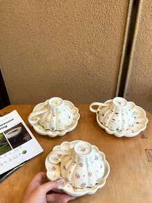 1 bộ tách cà phê và đĩa lót họa tiết hoa nhỏ kiểu Pháp, cốc nghệ thuật Latte, cốc cà phê bằng gốm, quà tặng cho bạn gái - Nhiều màu - Xem 10