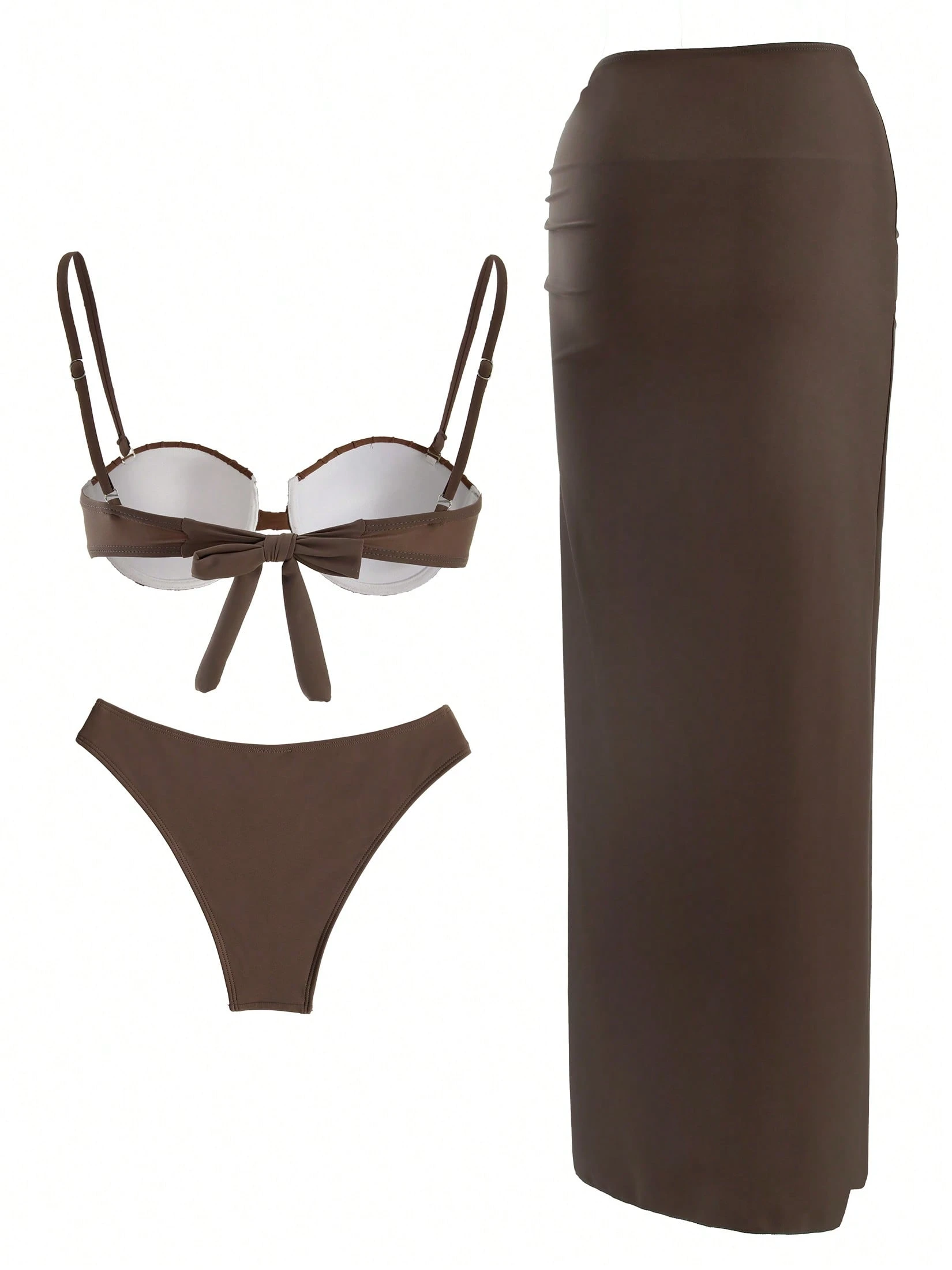 Conjunto de Maiô Bikini de Concha Sexy com 3 Peças, Top de Maiô Bikini Halter e Saia Longa com Fenda Alta, Roupa de Praia para Férias de Verão - Chocolate - Visão 4
