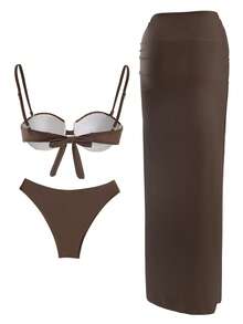 European & American Style Bikini 3 Piece Sexy Shell Swimsuit And O Ring Long Skirt Brazilian Biquini High Split Beachwear Vacation Outfit - 巧克力棕 - 查看 4