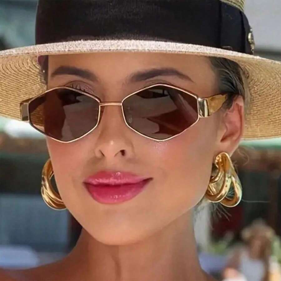 1 Cặp kính thời trang mùa hè gọng kim loại hình đa giác, kính unisex phù hợp cho đi làm, đi biển, du lịch, chụp ảnh đường phố, kính mắt cá nhân hóa. - Màu nâu - Xem 1