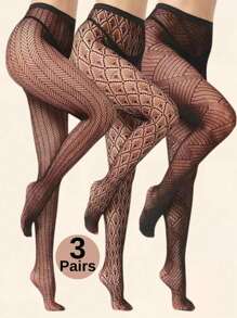 Juego de 3 pares de medias de rejilla con jacquard para mujer de talla grande, pantalones ceñidos verticales huecos, mallas sexy con escamas, adecuadas para fiesta, hogar, oficina, medias negras, pantimedias góticas de estilo Y2K