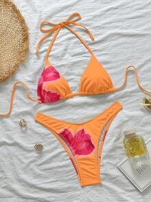 女士芙蓉花印花橙色泳衣，适合夏季泳池、海滩等各种场合，简约优雅的花卉装饰比基尼沙滩装 - 橘色 - 查看 3