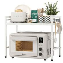 Expandable Microwave Rack, 2-Layer Microwave Oven Rack, Stand, Storage Rack, Kitchen Corner Rack, Desktop Printer Rack, Baker Rack (Black/White) - White - View 2