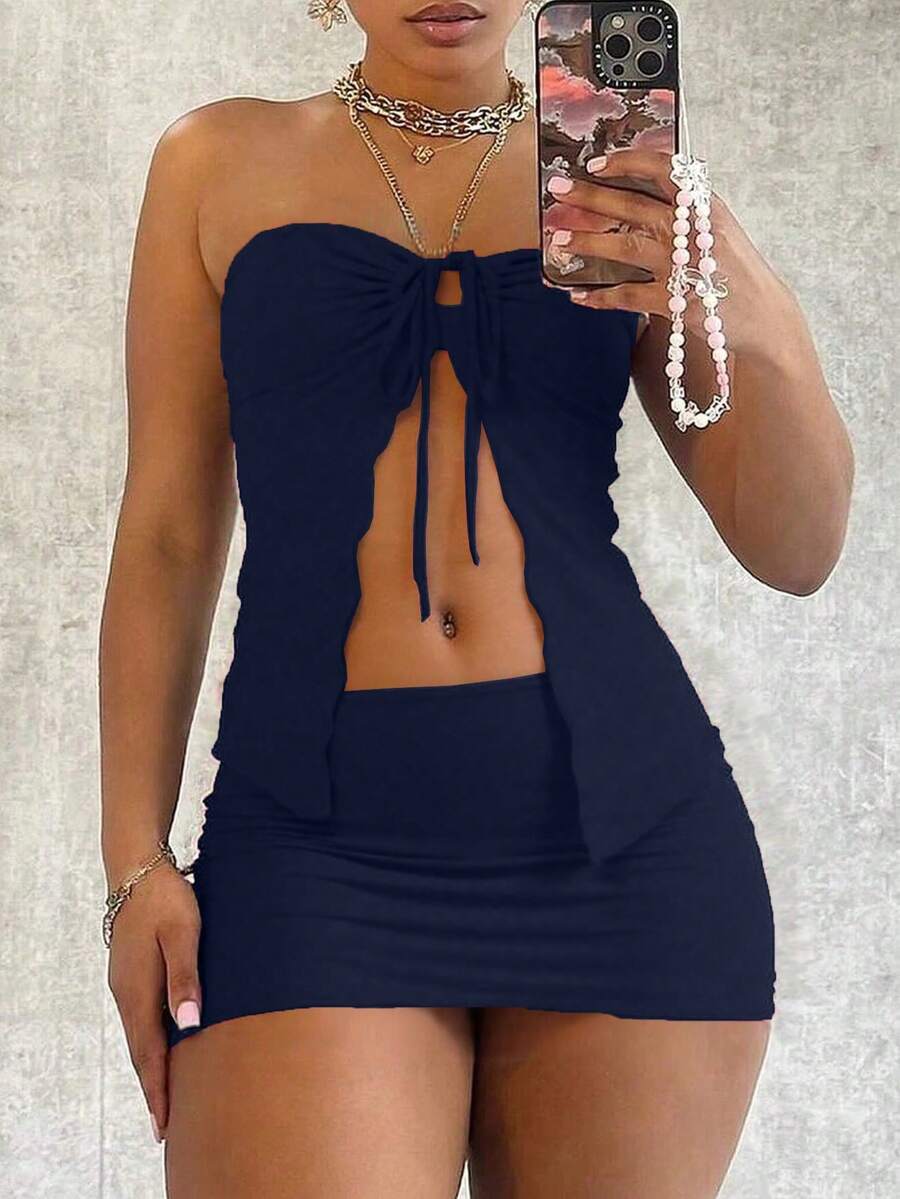 Bộ đồ nữ gợi cảm gồm áo ống màu trơn khoét lỗ bất đối xứng, chân váy liền thân ôm sát, trang phục Giáng sinh, trang phục đi chơi, trang phục câu lạc bộ, váy corset, trễ vai, trang phục dự tiệc rave mùa hè. - Màu xanh hải quân - Xem 1