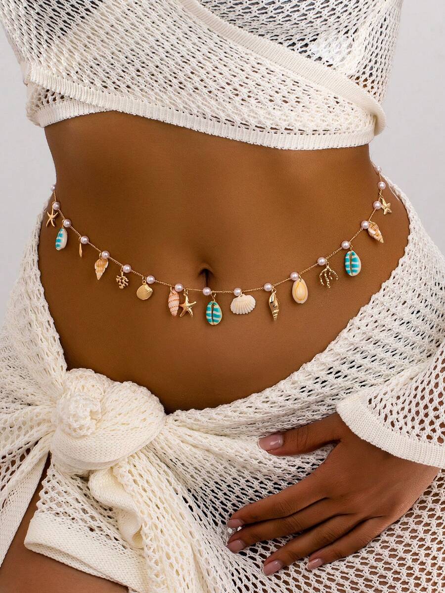 1 chiếc mặt dây chuyền hình sao biển, vỏ sò, họa tiết san hô, dây đeo eo chủ đề biển, dây đeo bụng phong cách Boho, thích hợp cho du lịch biển, tiệc tùng, bikini, phụ kiện ngày lễ. - Nhiều màu - Xem 1