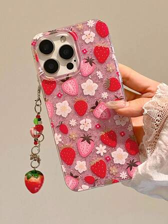 1 件可爱花卉红色草莓闪光透明手机壳，兼容 11/12/13/14/15/16 Pro Max/12 Pro Max/13 Pro Max/14 Pro Max/15 Pro/16 Pro Max 防水防震防摔防刮