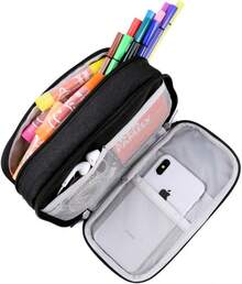 Large Capacity Pencil Big Storage Pencil Bag Pouch 3 Multifunctional Compartment Pen Marker Cases Holder Portable Office Stationery Organizer Supplies Makeup Bag, Black - 黑色 - 查看 4