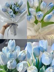 Tulipanes artificiales azules con un toque realista, en forma de ramos de flores artificiales. Son adecuados para arreglos de boda, ramos de novia DIY y para decorar habitaciones, restaurantes, cocinas, salas de estar, dormitorios y hogares. Pueden usarse como regalos para cumpleaños, San Valentín, Día de la Madre, Día del Padre y durante la temporada de graduación.