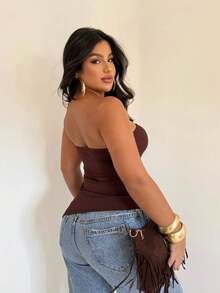 BATA FEMININA ASSIMÉTRICA EM RIBANA - C/ BOJO - FENDA LATERAL  Simples    Casual    Costas nuas / sem costas  Assimétrico  Dividido    Noite - Marrom - Visão 3