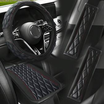4 件套汽车配件套装，1 件 PU 皮革方向盘套，2 件套汽车安全带套和 1 件套汽车扶手垫，适用于大多数汽车