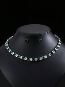 1 Set mit 3 Stücken orientalischer Stil minimalistischer Zirkonia Halskette & Ohrringe Set, elegant für Braut-Hochzeit, formelle Party, Verlobung, hochwertiges Schmuckgeschenk für Frauen