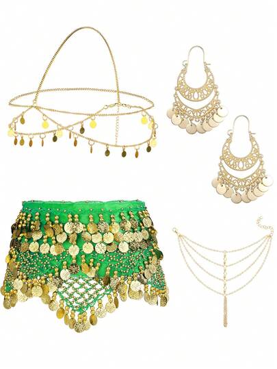 Party 4-Piece Belly Dance Scarf And Jewelry Set - Release Your Mysterious Charm Earrings + Dance Waist Chain + Headband