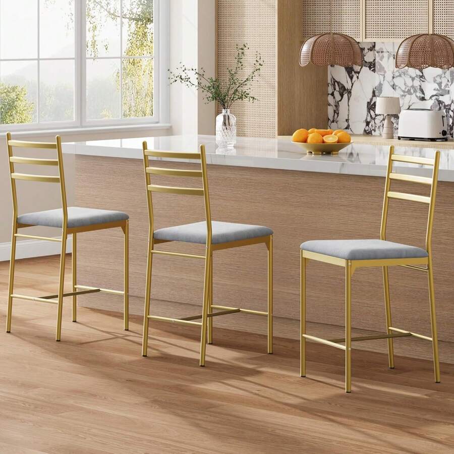 Juego de 2/4 taburetes de bar para el hogar, silla de bar de piel sintética con respaldo y cojín grueso, taburetes de bar tapizados de altura de mostrador con reposapiés para isla de cocina, barra de mostrador - Taburetes de bar dorados (2 piezas) - Ver 1