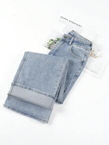HIMARRI Jeans Ajustados de Alta Elasticidad para Mujer, Mezcla de Rayón, Pantalones de Denim de Pierna Recta y Cintura Media, Color Sólido, con Cierre de Cremallera y Bolsillos, para Estilo Urbano Todo-Tiempo - Gris - Ver 2