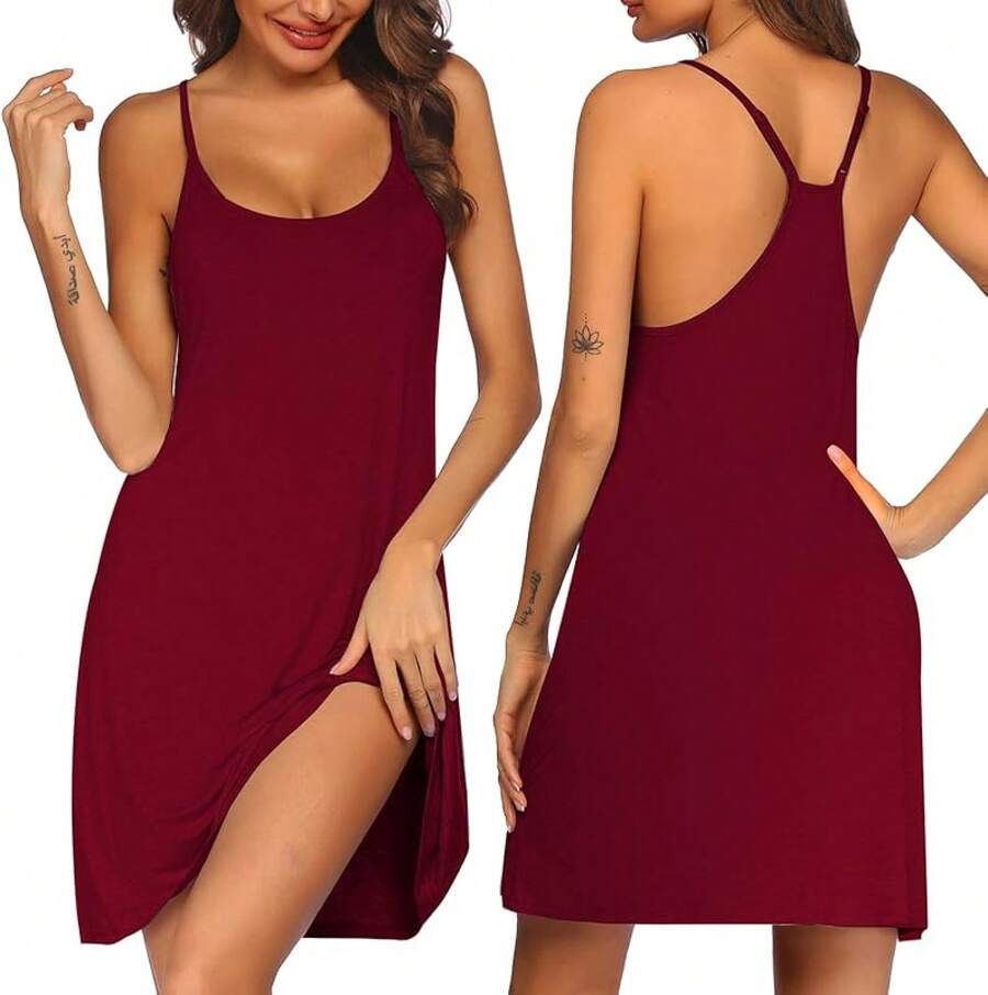 Women's Racerback Sleeveless Nightgown, Sleepwear - Burgundy - View 1