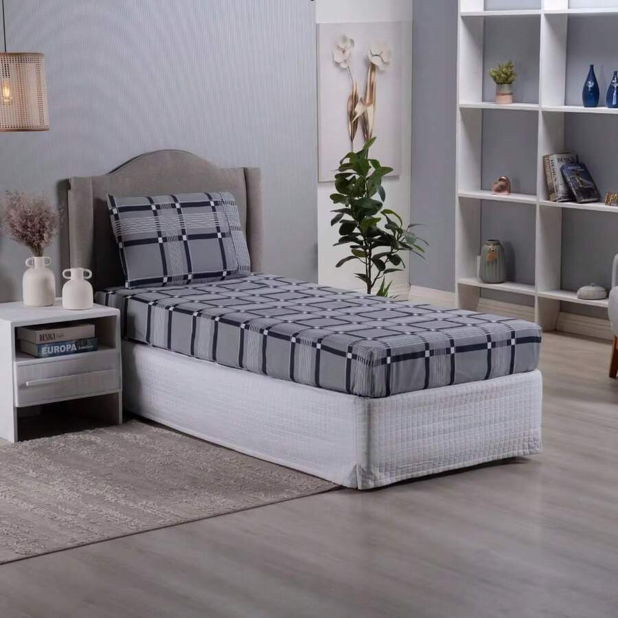 Single Sheet Set With 2 Pieces Printed Cotton Fabric With Elastic All Around And Pillowcase In Matchstick Stitch - Black - View 1