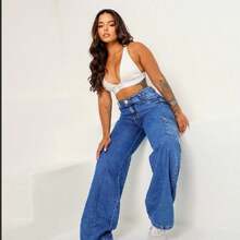 Women's Wide Leg Cargo Jeans High Waist - 藍色 - 查看 5