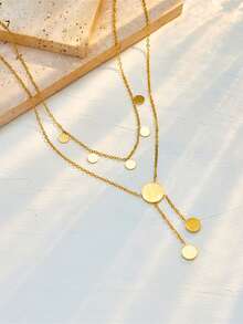 1 件双层不锈钢雕刻圆盘镀金链项链 - 白金多層 - 查看 2