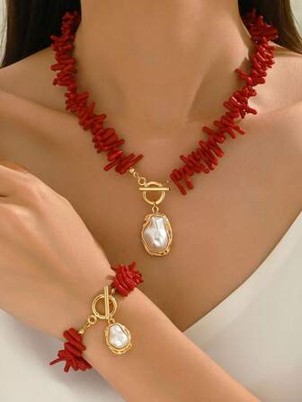 2pcs Fashion Red Coral Baroque Faux Pearl Necklace & Bracelet Set, Women Summer Beach Party Jewelry Accessories