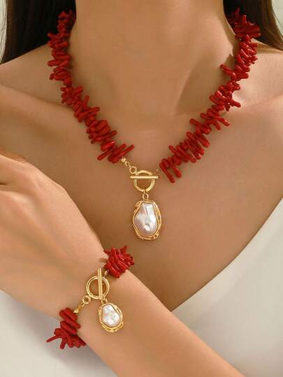 2pcs Fashion Red Coral Baroque Faux Pearl Necklace & Bracelet Set, Women Summer Holiday Party Beach Jewelry Set