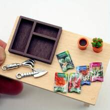 10-Piece Dollhouse Gardening Set Miniature Model,Including A Wooden Box,Alloy Shovel,Resin Potted Plant,And Plant Seeds,Suitable For Dollhouse Home And Courtyard Garden Scene Decoration