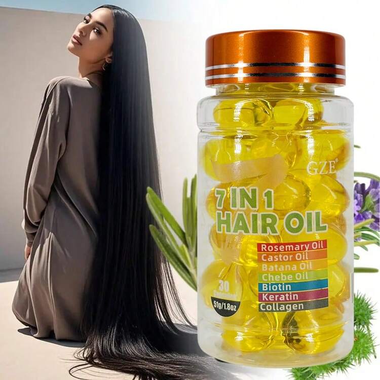 GZE 7-IN-1 Hair Oil Enriched With Rosemary Oil Castor Oil Batana Oil Chebe Oil Biotin Keratin Collagen Hydrating Smoothing Frizz ​Preventing Split Ends Anti-Breakage Heat Protection Lightweight Formula - Vàng - Xem 3