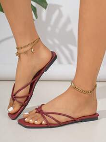 Sandalias con tira de cristal para adolescentes, Sandalias de moda para mujeres, Pantuflas planas francesas respirables con puntera abierta para uso al aire libre - Rojo violeta - Ver 1