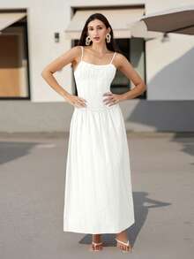 Women Long Dress Solid Color Spaghetti Strap Cami Dress Summer Fashion Sleeveless Casual Dress - 白色 - 查看 7