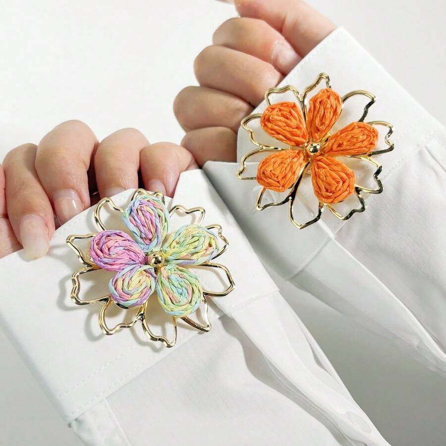 两件套彩色/橙色花卉衬衫纽扣套，女士袖扣，适合日常穿着、节日和商务场合，手工制作，无需缝纫，只需3秒即可佩戴，是理想的情人节礼物。 - 花 - 查看 1