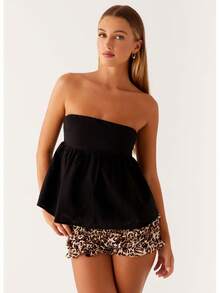 Women Summer Flowy Tube Top Y2k Solid Color Strapless Off The Shoulder Loose Fit Babydoll Bandeau Crop Tops Backless Sleeveless Going Out Tops Vests Shirts Casual Streetwear - 黑色 - 查看 2