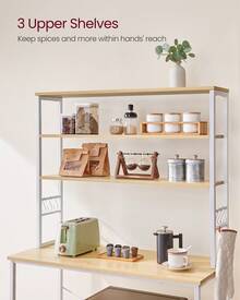 VASAGLE Kitchen Storage Rack, Coffee Bar, Baker's Rack, Total 6 Shelves And 6 Hooks, For Microwave, Steel Frame, Industrial, 40 X 100 X 167 Cm, Oak Colour And White - 黃色 - 查看 3