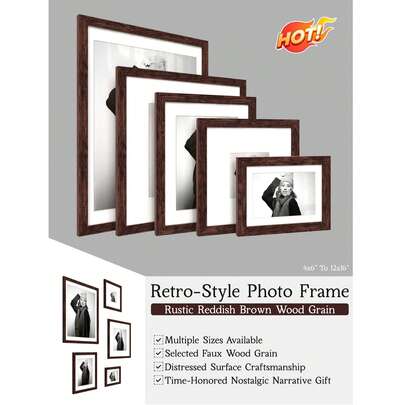 1个5x7/8x10/8x8/12x12/12x16英寸复古风格相框，采用质朴的红棕色木纹，可作墙面装饰，充满怀旧气息，配有衬垫，做旧表面工艺，材质独特，可作拼贴画廊相框，是承载经典怀旧故事的理想礼物。