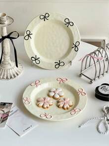 1pc Ins Style Cute Bow Ceramic Plate, Household Bow Design Tableware Ceramic Plate, Shallow Dish, Dessert & Fruit Plate, Breakfast Plate For Single Use - Multicolor - View 8