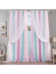 1Set (2PCS) Bedroom Curtains 63 Inch Length Blackout Curtain Teal & Purple Ombre Curtains Grommet Rainbow Princess Drapes For Girls Living Room Bedroom Decor, 2 Panels, Blue & Purple & Pink  (W52.75in X L63 In) - Color-2pcs - View 1
